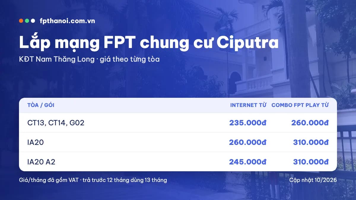 Bảng giá lắp mạng FPT Ciputra, Nam Thăng Long theo tòa