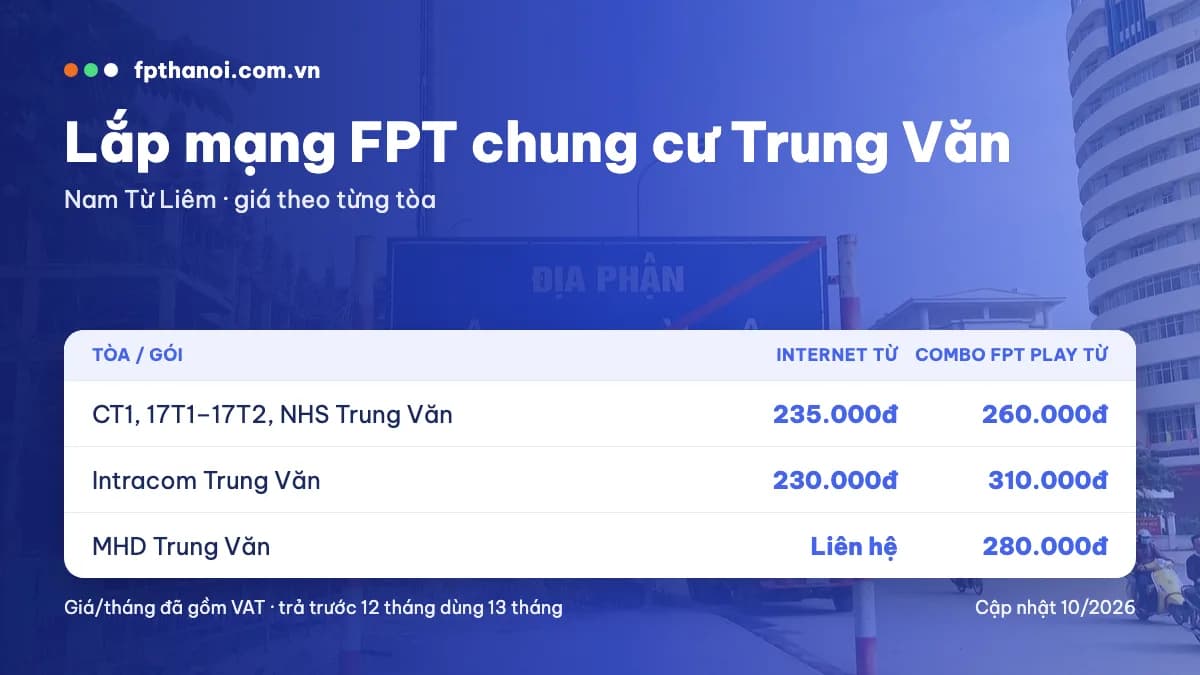 Bảng giá lắp mạng FPT Trung Văn theo tòa