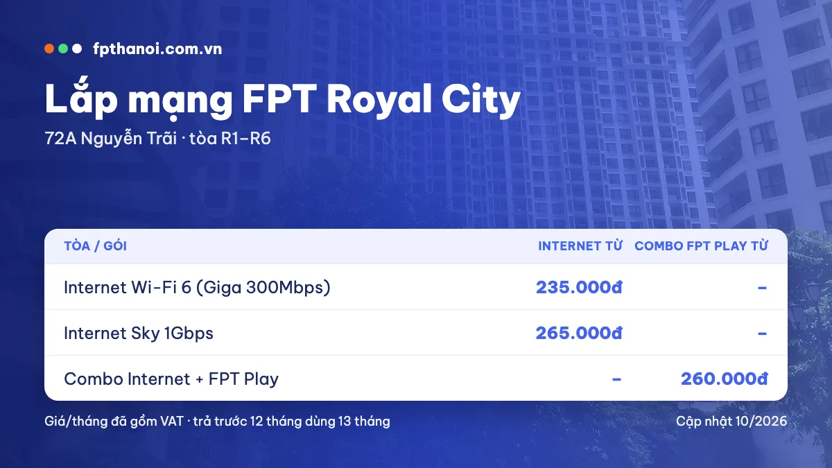 Bảng giá lắp mạng FPT Royal City