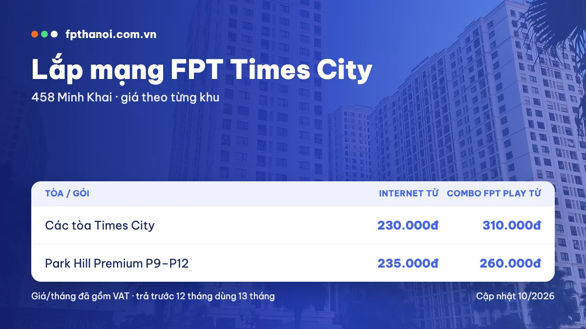 Bảng giá lắp mạng FPT Times City và Park Hill