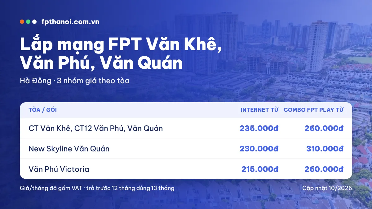 Bảng giá lắp mạng FPT Văn Khê, Văn Phú, Văn Quán theo tòa