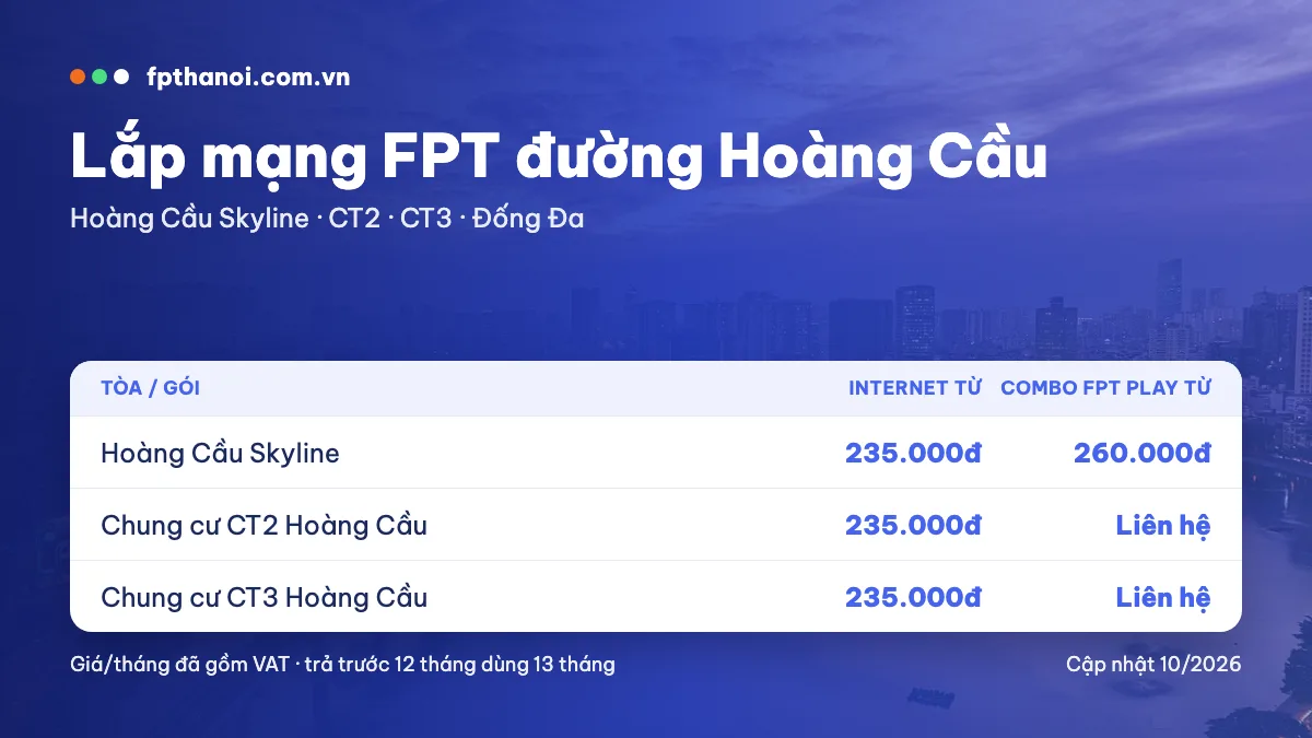 Bảng giá lắp mạng FPT đường Hoàng Cầu theo tòa