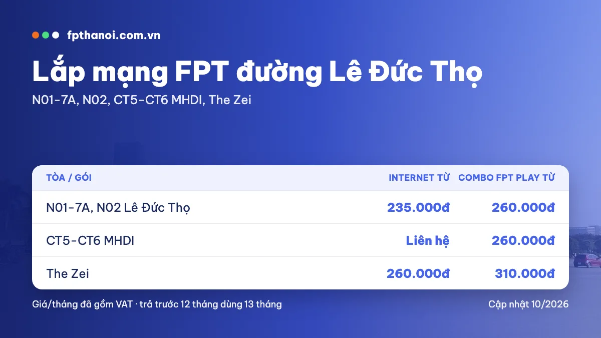 Bảng giá lắp mạng FPT đường Lê Đức Thọ theo tòa