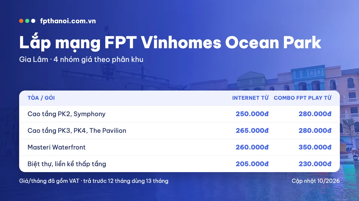 Bảng giá lắp mạng FPT Vinhomes Ocean Park theo phân khu
