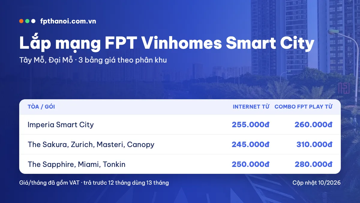 Bảng giá lắp mạng FPT Vinhomes Smart City theo phân khu